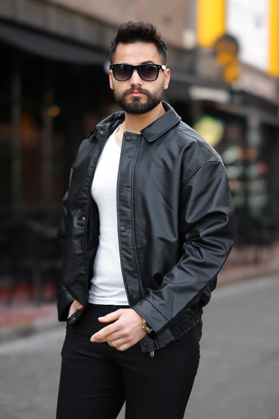 Oversize Vintage Erkek Siyah Deri Ceket ürün görseli 1