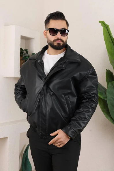 Erkek Oversize Siyah Deri Ceket - Resim 2