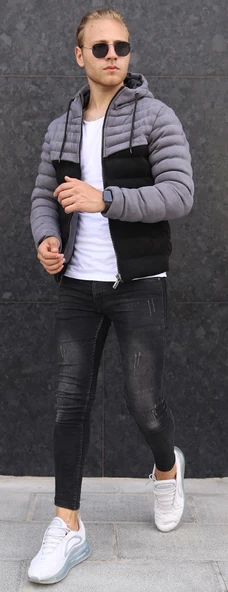 Erkek Gri Çift Renk Kapüşonlu Süet Mont - Resim 3