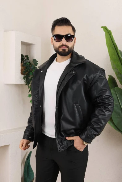 Erkek Oversize Siyah Deri Ceket ürün görseli 1