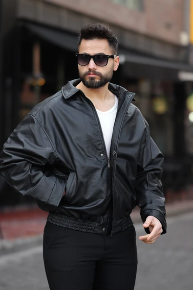 Oversize Vintage Erkek Siyah Deri Ceket - Resim 2