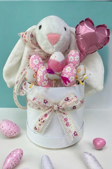 SOLE Premium Paskalya Temalı 45 cm Beyaz Bunny Tavşan Hediye Kutusu - Dekoratif Yumurta ve Kalp Balon Detaylı ürün görseli 1