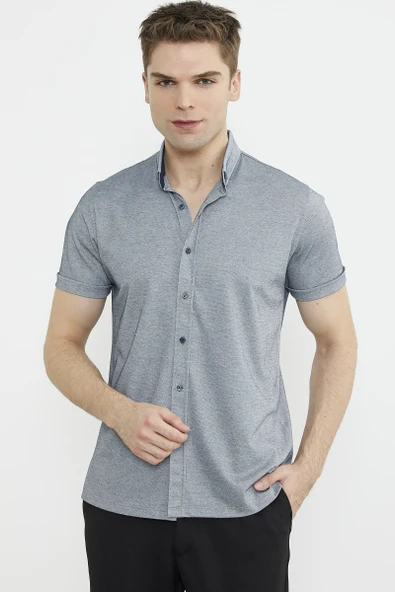 Kısa Kol Slim Fit Penye Gömlek - Gri ürün görseli 1