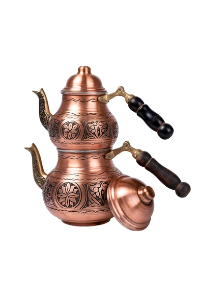 DMT Gaziantep Bakır Çaydanlık Takımı AĞIR İşlemeli  Alt:12 cm üst:9cm Toplam:1,5lt Ahşap kulp ürün görseli 1