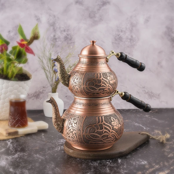 DMT COPPER Gaziantep Bakır Çaydanlık Takımı AĞIR El İşlemeli TUĞRA MODELİ ürün görseli 1