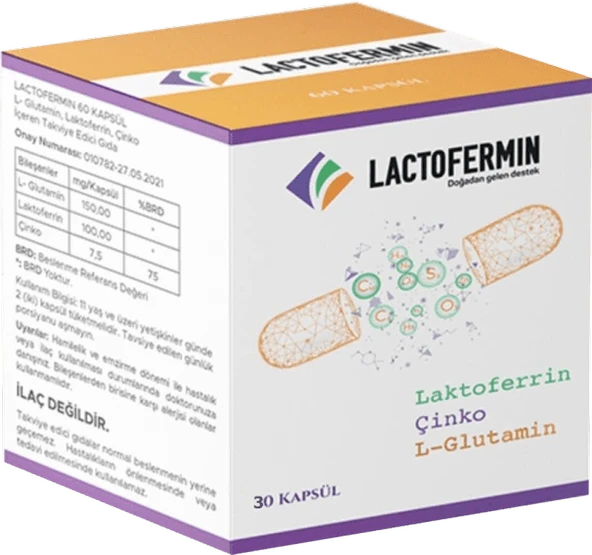Lactofermin 30 kapsül- Lactoferrin- L glutamin- Çinko içeren takviye edici gıda destek ürünü ürün görseli 1