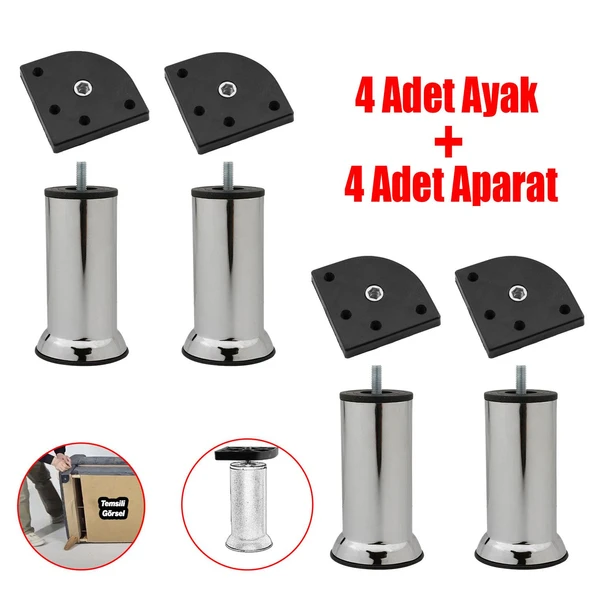 Kanepe Baza Koltuk Destek Yükseltme Yükseltici 4 Adet Ayağı M8 Civatalı Krom Metal Ayakları 12 Cm 4'lü Set ürün görseli 1