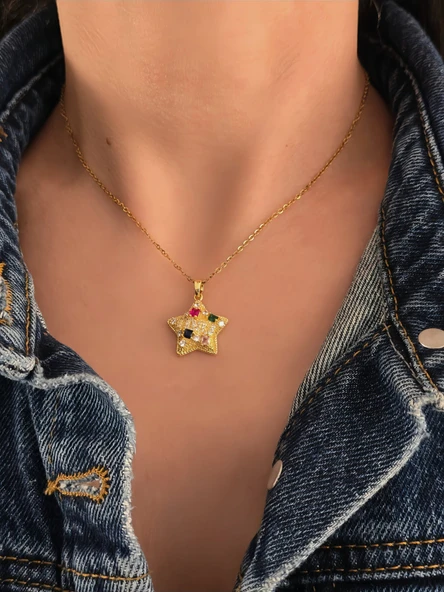 Yıldız Model Renkli Zirkon Taşlı Gold Renk Kolye ürün görseli 1