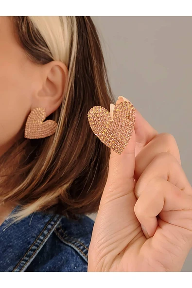Kalp Love Aşk Model Rhinestone  Altın Kaplama Küpe ürün görseli 1