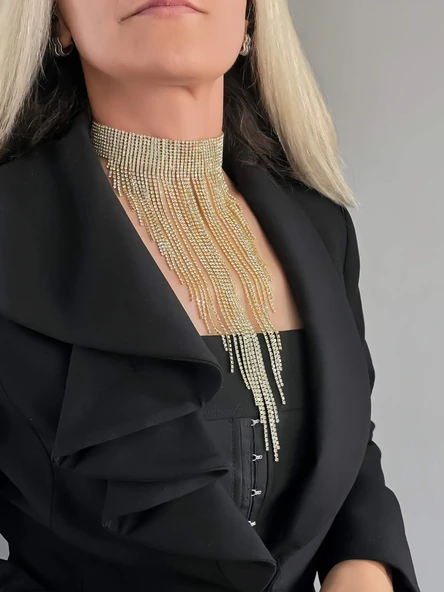 Kristal Taşlı Saçaklı Püskül Model Gold Renk Abiye Choker Tasma Kolye ürün görseli 1