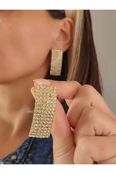 Dikdörtgen Model Abiye Altın Kaplama Gold Küpe ürün görseli 1