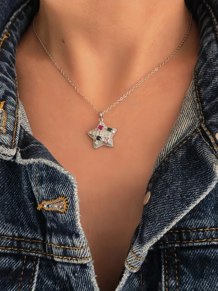 Yıldız Model Renkli Zirkon Taşlı Silver Renk Kolye ürün görseli 1
