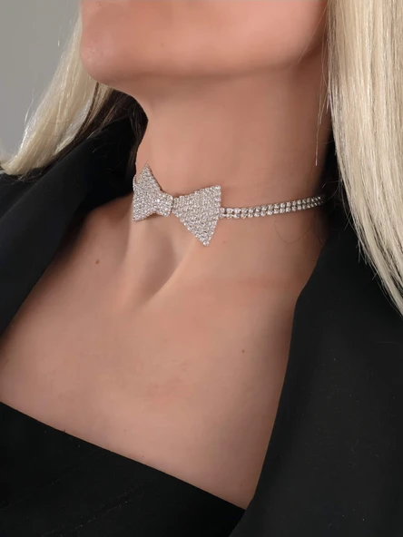 Papyon Model Rhinestone Choker Tasma Model Gümüş Renk Kolye - Resim 3