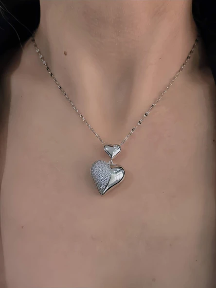 Bombeli Kalp Zirkon Taşlı Silver Renk Kolye ürün görseli 1