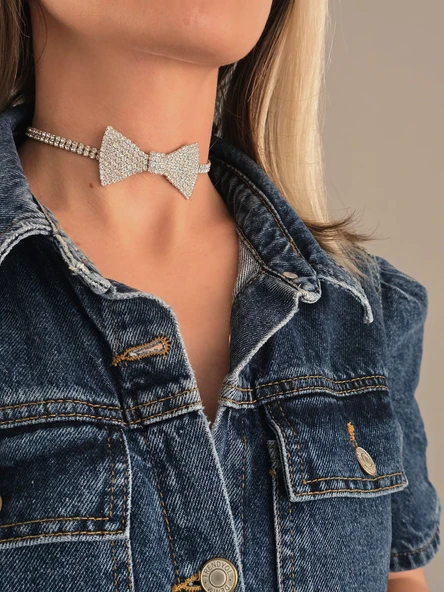 Papyon Model Rhinestone Choker Tasma Model Gümüş Renk Kolye ürün görseli 1