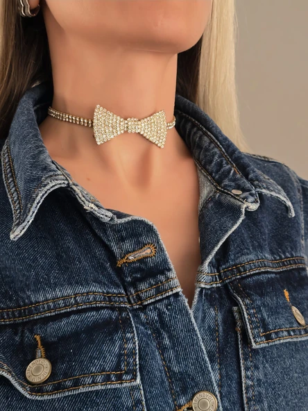 Papyon Model Rhinestone Choker Tasma Model Gold Renk Kolye ürün görseli 1
