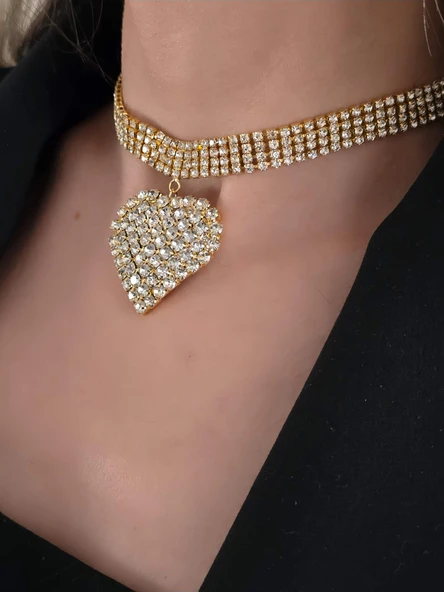 Sallantılı Kalp Model Rhinestone Choker Tasma Model Gold Renk Kolye ürün görseli 1