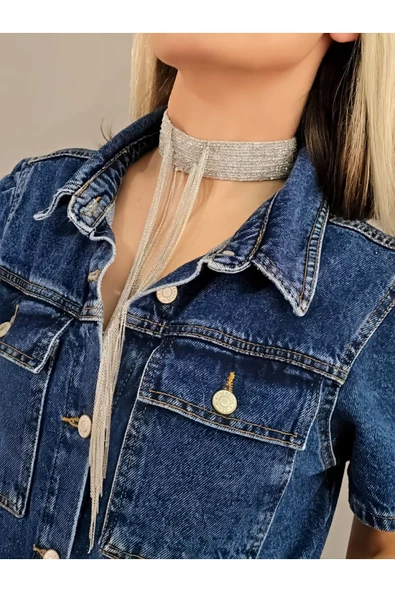 14 Sıralı Zincir V Model Dokuma Sallantılı Vücut Tasma Choker El Yapımı Gümüş Renk Kolye ürün görseli 1