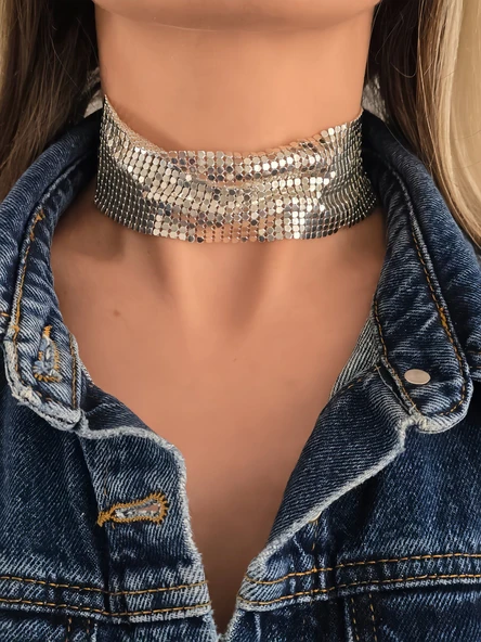 Arpa Pul Payet Zırh Metal Geniş Model Gümüş  Choker Kolye ürün görseli 1