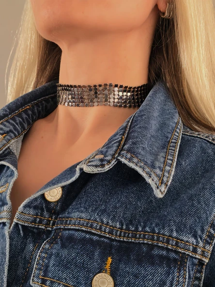 Arpa Pul Payet Zırh Metal Model Antrasit Choker Kolye ürün görseli 1