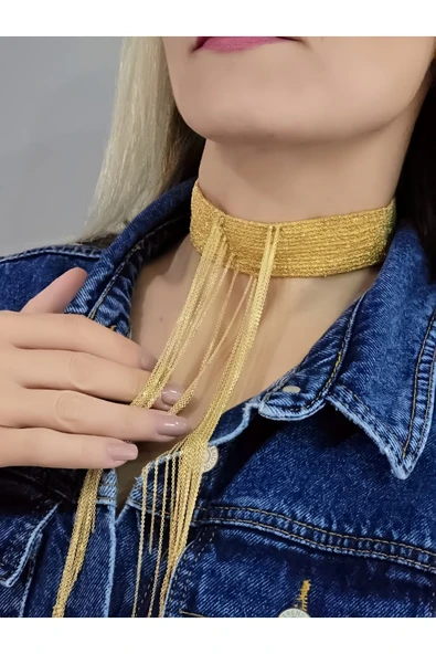 14 Sıralı Zincir V Model Dokuma Sallantılı Vücut Tasma Choker El Yapımı Altın Renk Kolye ürün görseli 1