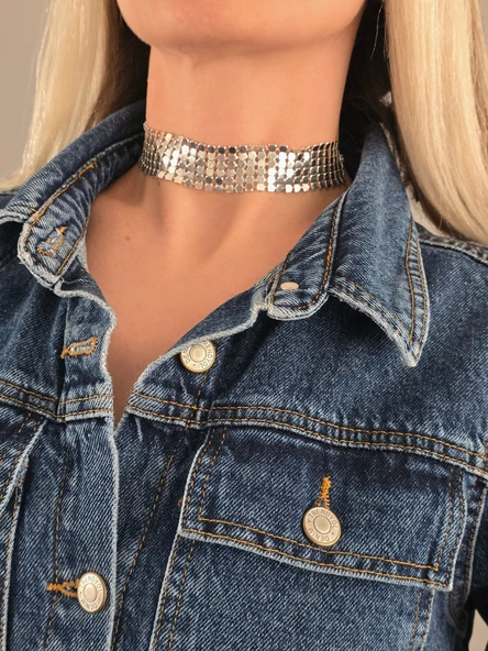Arpa Pul Payet Zırh Metal Model Gümüş Choker Kolye ürün görseli 1