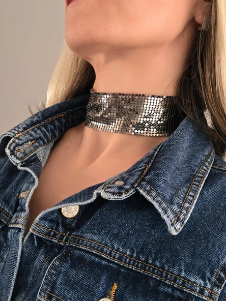 Arpa Pul Payet Zırh Metal Geniş Model Antrasit  Choker Kolye ürün görseli 1