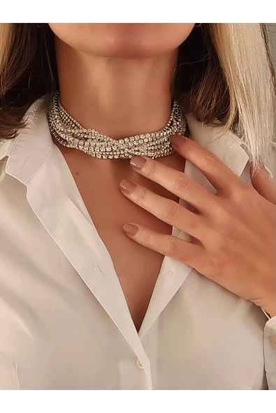 Gümüş Kaplama Taşlı Çoklu Görünümlü Choker Tasma Kolye ürün görseli 1