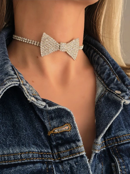 Papyon Model Rhinestone Choker Tasma Model Gümüş Renk Kolye - Resim 2