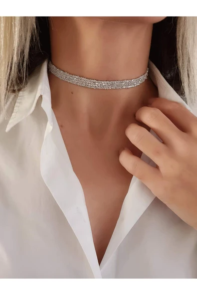 Kordon Zincir Örme El Yapımı Chooker Tasma Silver Renk Kolye ürün görseli 1