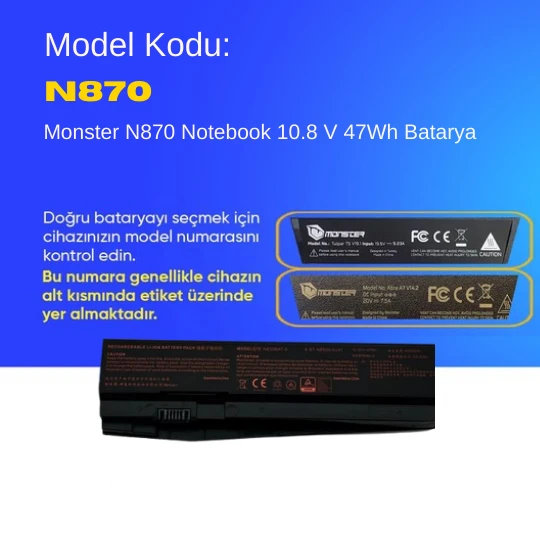 Monster N870 Notebook 10.8 V 47Wh Batarya – Orjinal Uyumlu, Yüksek Performanslı ürün görseli 1