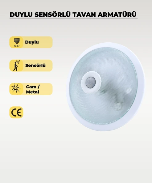 2 x E-27 Duylu Sensörlü Tavan Armatürü Cam / Metal ürün görseli 1