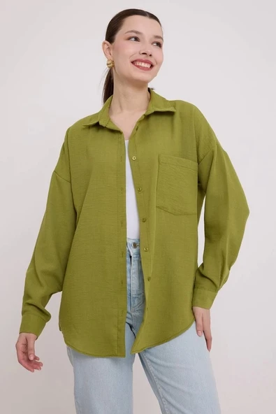 20153 Tek Cepli Oversize Keten Gömlek - A.Yeşil - Resim 3