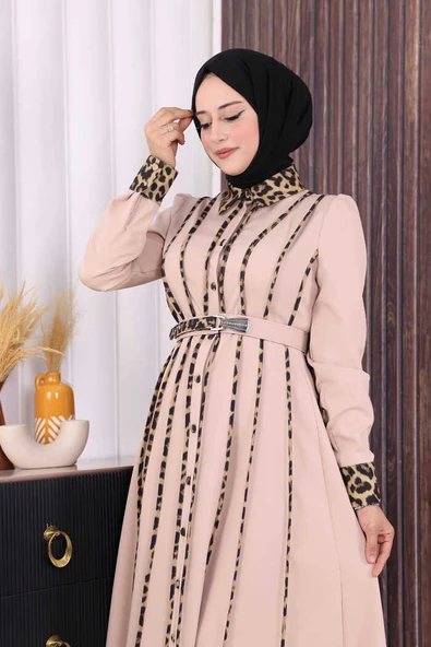 Leopar Biyeli Kemerli Elbise 3930 Taş - Resim 5
