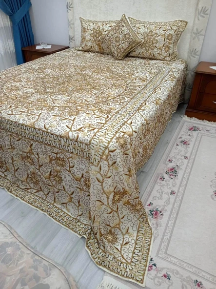 Mandaş Pullu Boncuklu Ağır İşlemeli Otantik Çift Kişilik Yatak Örtüsü (240x270)-Gold ürün görseli 1