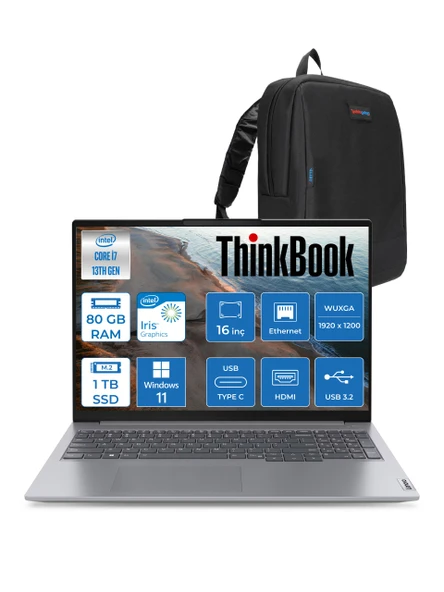 Lenovo Thinkbook 16 G6 Irl Intel Core I7 13700H 80GB 1tb SSD Intel Iris Xe 16" Wuxga 300NITS IPS Windows 11 Pro Taşınabilir Bilgisayar 21KH00V1TRP27 + Zetta Çanta ürün görseli 1