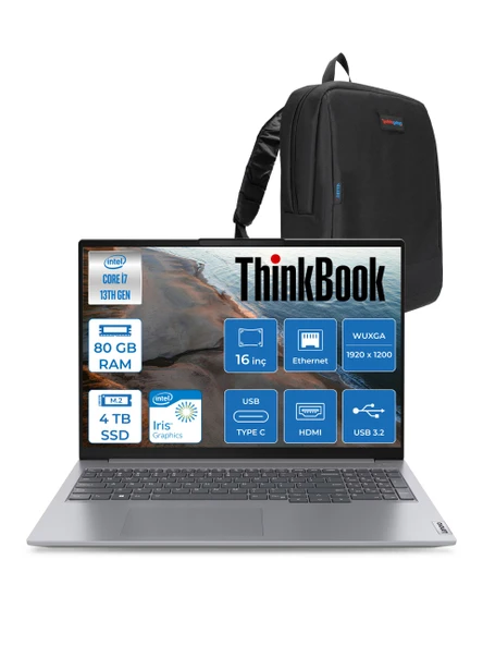 Lenovo Thinkbook 16 G6 Irl Intel Core I7 13700H 80GB 4tb SSD Intel Iris Xe 16" Wuxga 300NITS IPS Freedos Taşınabilir Bilgisayar 21KH00V1TRF30 + Zetta Çanta ürün görseli 1