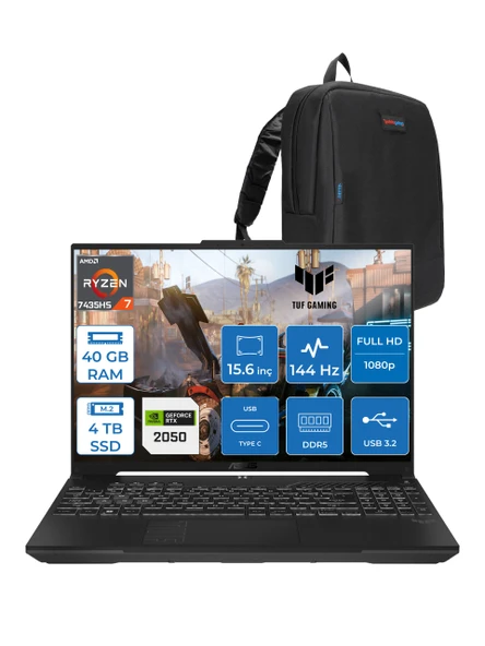 Asus Tuf Gaming A15 FA506NFR Amd Ryzen 7 7435HS 40GB Ddr5 4tb SSD RTX2050 4gb 15.6" Fhd IPS 144HZ Freedos Taşınabilir Bilgisayar HN012F16 + Zetta Çanta ürün görseli 1