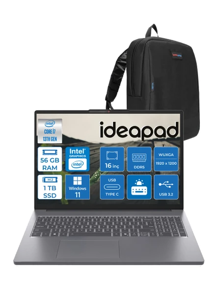 Lenovo Ideapad Slim 3 16IRH10 Intel Core I7 13620H 56GB 1tb SSD Windows 11 Pro 16" Wuxga (1920X1200) IPS 300NITS Taşınabilir Bilgisayar 83K2001VTRP11 + Zetta Çanta ürün görseli 1