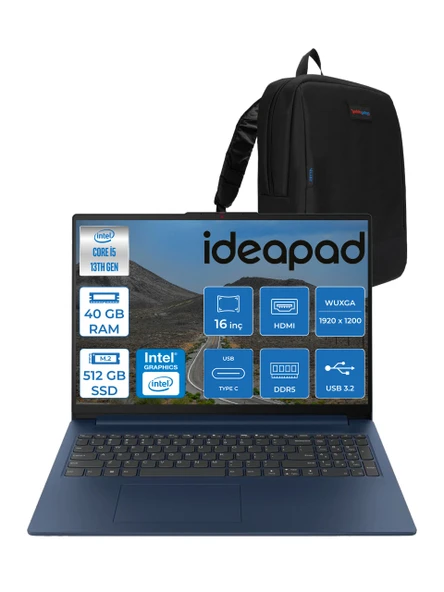 Lenovo Ideapad Slim 3 16IRH10 Intel Core I5 13420H 40GB 512GB SSD Freedos 16" Wuxga (1920X1200) IPS 300NITS Taşınabilir Bilgisayar 83K2001RTRF07 + Zetta Çanta ürün görseli 1