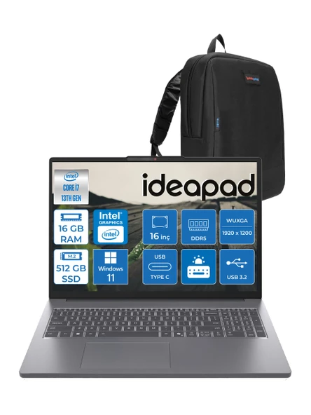 Lenovo Ideapad Slim 3 16IRH10 Intel Core I7 13620H 16GB 512GB SSD Windows 11 Home 16" Wuxga (1920X1200) IPS 300NITS Taşınabilir Bilgisayar 83K2001VTRH01 + Zetta Çanta ürün görseli 1