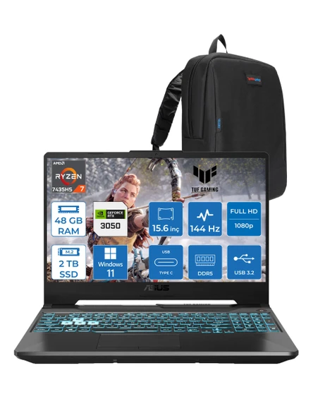 Asus Tuf Gaming A15 FA506NCR Amd Ryzen 7 7435HS 48GB Ddr5 2tb SSD RTX3050 4gb 15.6" Fhd IPS 144HZ Windows 11 Home Taşınabilir Bilgisayar HN034H19 + Zetta Çanta ürün görseli 1