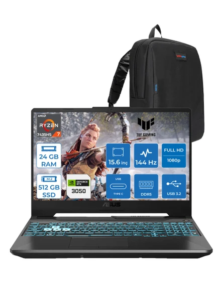 Asus Tuf Gaming A15 FA506NCR Amd Ryzen 7 7435HS 24GB Ddr5 512GB SSD RTX3050 4gb 15.6" Fhd IPS 144HZ Freedos Taşınabilir Bilgisayar HN034F05 + Zetta Çanta ürün görseli 1