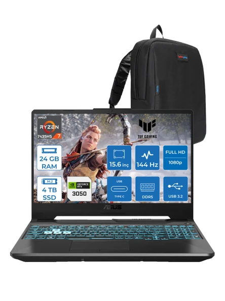 Asus Tuf Gaming A15 FA506NCR Amd Ryzen 7 7435HS 24GB Ddr5 4tb SSD RTX3050 4gb 15.6" Fhd IPS 144HZ Freedos Taşınabilir Bilgisayar HN034F08 + Zetta Çanta ürün görseli 1