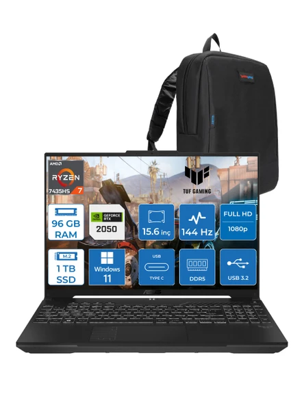Asus Tuf Gaming A15 FA506NFR Amd Ryzen 7 7435HS 96GB Ddr5 1tb SSD RTX2050 4gb 15.6" Fhd IPS 144HZ Windows 11 Home Taşınabilir Bilgisayar HN012H30 + Zetta Çanta ürün görseli 1