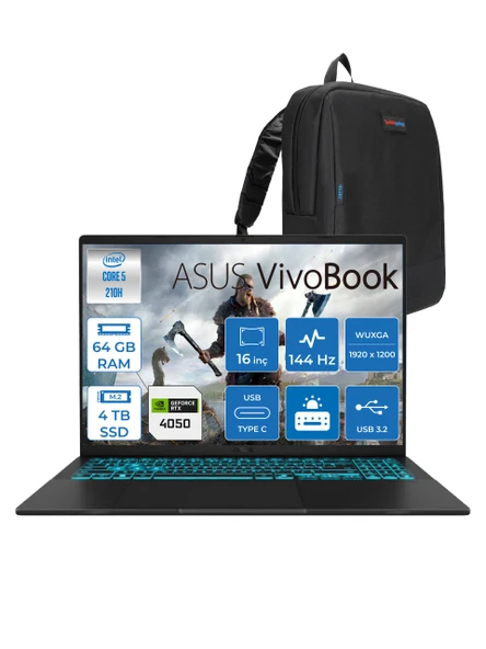 Asus Vivobook 16 V3607VU Intel Core 5 210H 64GB 4tb SSD RTX4050 6gb Freedos 16" Wuxga 144HZ 300NITS Taşınabilir Bilgisayar RP276F18 + Zetta Çanta ürün görseli 1