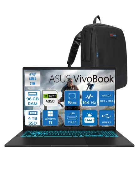 Asus Vivobook 16 V3607VU Intel Core 5 210H 96GB 4tb SSD RTX4050 6gb Windows 11 Pro 16" Wuxga 144HZ 300NITS Taşınabilir Bilgisayar RP276H26 + Zetta Çanta ürün görseli 1