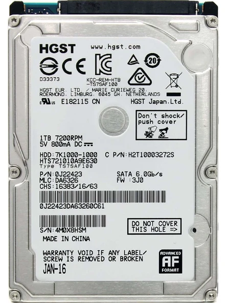 Hgst 7K1000 2.5" 1TB 7200RPM Sata  Hard Disk HTS721010A9E630 ürün görseli 1
