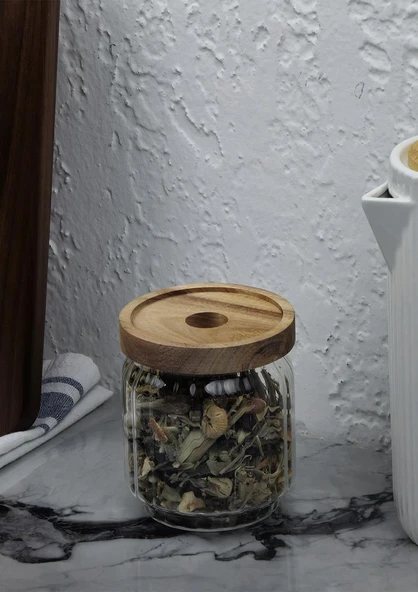 Timber Cam Kavanoz - Çizgili Saklama Kavanozu - Ahşap Kapaklı, 500 ML ürün görseli 1