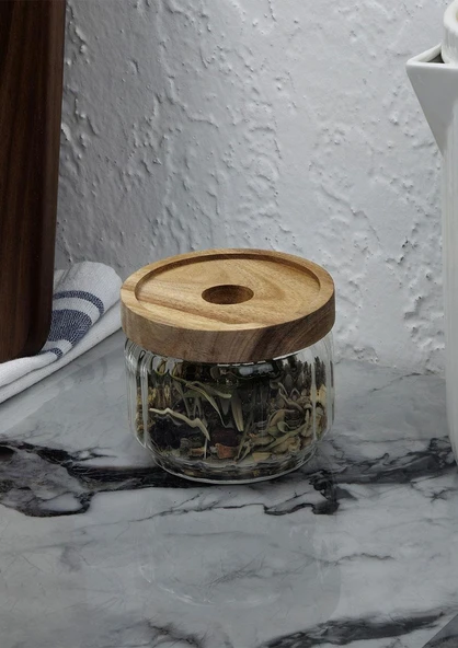 Timber Cam Kavanoz - Çizgili Saklama Kavanozu - Ahşap Kapaklı, 300 ML ürün görseli 1